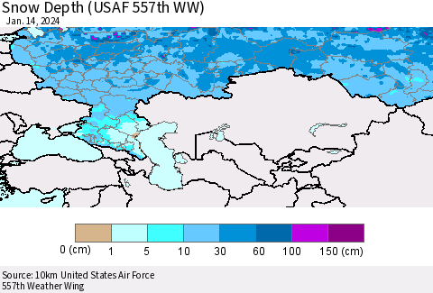 Russian Federation Snow Depth (USAF 557th WW) Thematic Map For 1/8/2024 - 1/14/2024