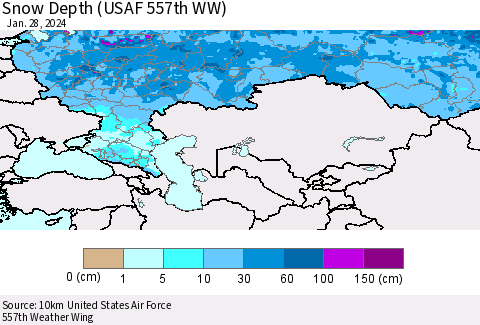 Russian Federation Snow Depth (USAF 557th WW) Thematic Map For 1/22/2024 - 1/28/2024