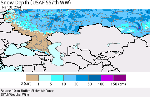 Russian Federation Snow Depth (USAF 557th WW) Thematic Map For 3/25/2024 - 3/31/2024