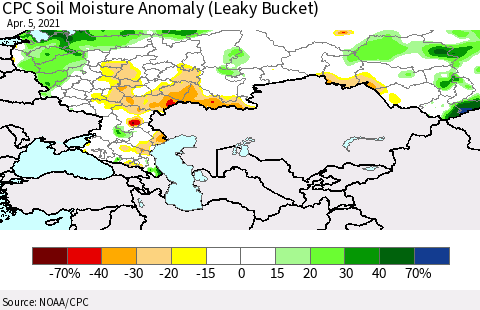 Russian Federation CPC Soil Moisture Anomaly (Leaky Bucket) Thematic Map For 4/1/2021 - 4/5/2021