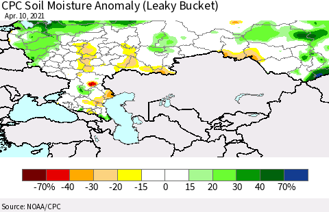 Russian Federation CPC Soil Moisture Anomaly (Leaky Bucket) Thematic Map For 4/6/2021 - 4/10/2021