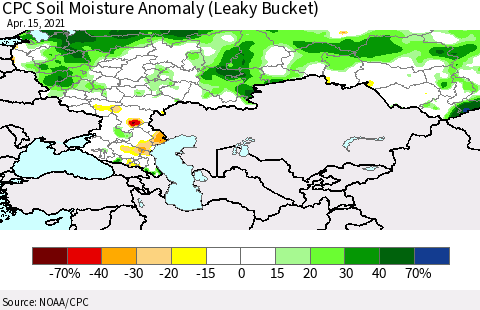 Russian Federation CPC Soil Moisture Anomaly (Leaky Bucket) Thematic Map For 4/11/2021 - 4/15/2021
