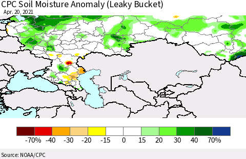 Russian Federation CPC Soil Moisture Anomaly (Leaky Bucket) Thematic Map For 4/16/2021 - 4/20/2021