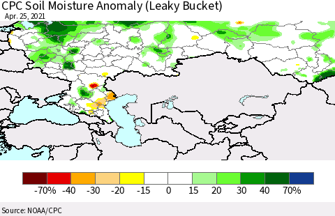 Russian Federation CPC Soil Moisture Anomaly (Leaky Bucket) Thematic Map For 4/21/2021 - 4/25/2021