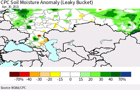 Russian Federation CPC Soil Moisture Anomaly (Leaky Bucket) Thematic Map For 4/26/2021 - 4/30/2021