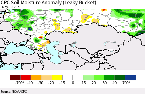 Russian Federation CPC Soil Moisture Anomaly (Leaky Bucket) Thematic Map For 5/6/2021 - 5/10/2021