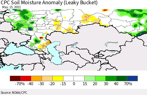 Russian Federation CPC Soil Moisture Anomaly (Leaky Bucket) Thematic Map For 5/11/2021 - 5/15/2021