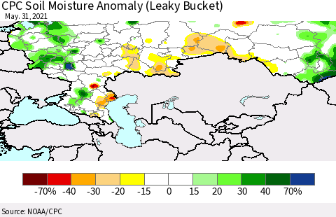 Russian Federation CPC Soil Moisture Anomaly (Leaky Bucket) Thematic Map For 5/26/2021 - 5/31/2021