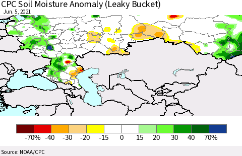 Russian Federation CPC Soil Moisture Anomaly (Leaky Bucket) Thematic Map For 6/1/2021 - 6/5/2021