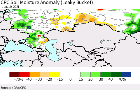 Russian Federation CPC Soil Moisture Anomaly (Leaky Bucket) Thematic Map For 6/6/2021 - 6/10/2021