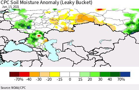 Russian Federation CPC Soil Moisture Anomaly (Leaky Bucket) Thematic Map For 6/11/2021 - 6/15/2021
