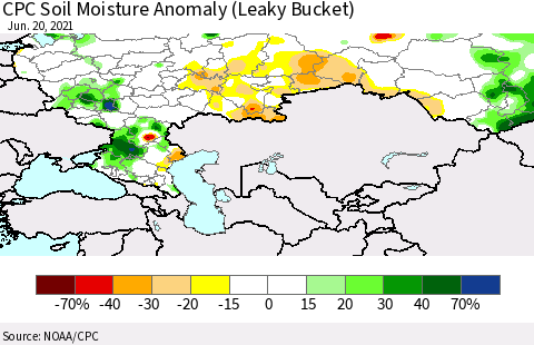 Russian Federation CPC Soil Moisture Anomaly (Leaky Bucket) Thematic Map For 6/16/2021 - 6/20/2021