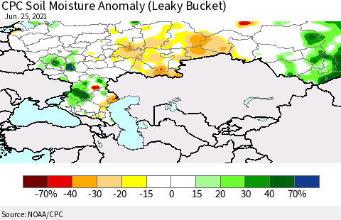 Russian Federation CPC Soil Moisture Anomaly (Leaky Bucket) Thematic Map For 6/21/2021 - 6/25/2021