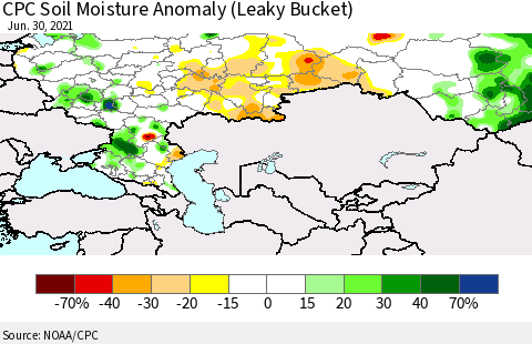 Russian Federation CPC Soil Moisture Anomaly (Leaky Bucket) Thematic Map For 6/26/2021 - 6/30/2021