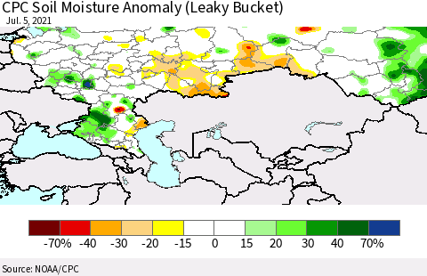 Russian Federation CPC Soil Moisture Anomaly (Leaky Bucket) Thematic Map For 7/1/2021 - 7/5/2021