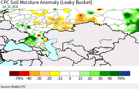 Russian Federation CPC Soil Moisture Anomaly (Leaky Bucket) Thematic Map For 7/6/2021 - 7/10/2021