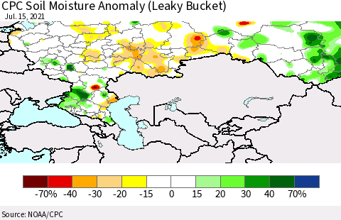 Russian Federation CPC Soil Moisture Anomaly (Leaky Bucket) Thematic Map For 7/11/2021 - 7/15/2021