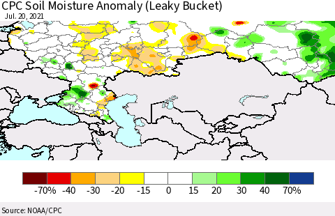 Russian Federation CPC Soil Moisture Anomaly (Leaky Bucket) Thematic Map For 7/16/2021 - 7/20/2021