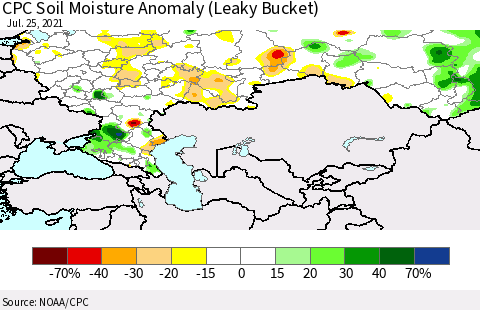 Russian Federation CPC Soil Moisture Anomaly (Leaky Bucket) Thematic Map For 7/21/2021 - 7/25/2021