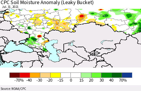 Russian Federation CPC Soil Moisture Anomaly (Leaky Bucket) Thematic Map For 7/26/2021 - 7/31/2021