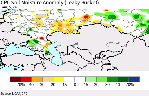 Russian Federation CPC Soil Moisture Anomaly (Leaky Bucket) Thematic Map For 8/1/2021 - 8/5/2021