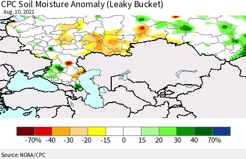 Russian Federation CPC Soil Moisture Anomaly (Leaky Bucket) Thematic Map For 8/6/2021 - 8/10/2021