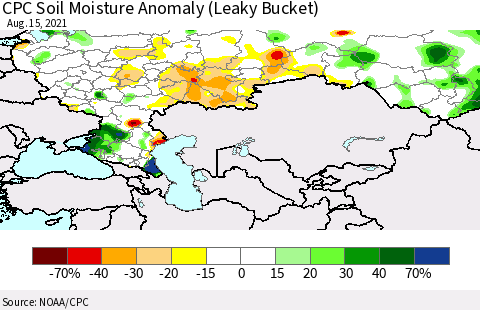 Russian Federation CPC Soil Moisture Anomaly (Leaky Bucket) Thematic Map For 8/11/2021 - 8/15/2021