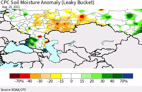 Russian Federation CPC Soil Moisture Anomaly (Leaky Bucket) Thematic Map For 8/16/2021 - 8/20/2021