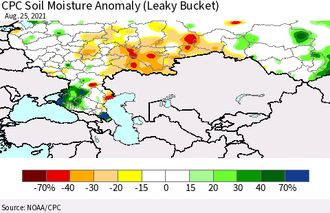 Russian Federation CPC Soil Moisture Anomaly (Leaky Bucket) Thematic Map For 8/21/2021 - 8/25/2021