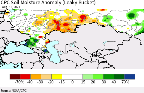 Russian Federation CPC Soil Moisture Anomaly (Leaky Bucket) Thematic Map For 8/26/2021 - 8/31/2021