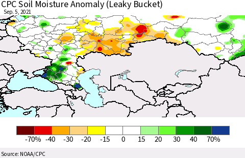 Russian Federation CPC Soil Moisture Anomaly (Leaky Bucket) Thematic Map For 9/1/2021 - 9/5/2021