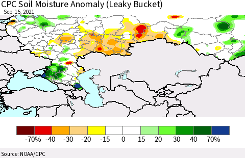 Russian Federation CPC Soil Moisture Anomaly (Leaky Bucket) Thematic Map For 9/11/2021 - 9/15/2021