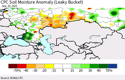 Russian Federation CPC Soil Moisture Anomaly (Leaky Bucket) Thematic Map For 9/16/2021 - 9/20/2021