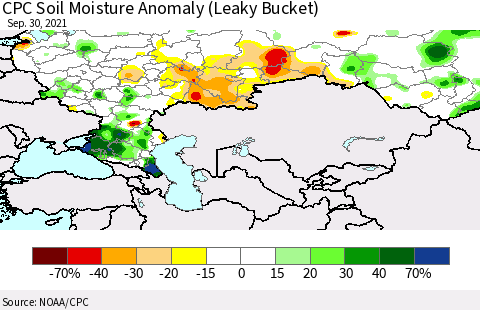 Russian Federation CPC Soil Moisture Anomaly (Leaky Bucket) Thematic Map For 9/26/2021 - 9/30/2021
