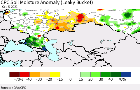 Russian Federation CPC Soil Moisture Anomaly (Leaky Bucket) Thematic Map For 10/1/2021 - 10/5/2021