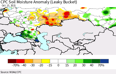Russian Federation CPC Soil Moisture Anomaly (Leaky Bucket) Thematic Map For 10/11/2021 - 10/15/2021