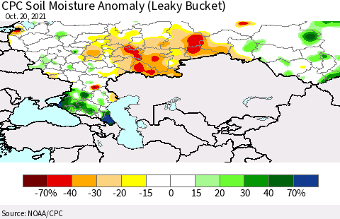 Russian Federation CPC Soil Moisture Anomaly (Leaky Bucket) Thematic Map For 10/16/2021 - 10/20/2021