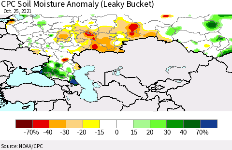 Russian Federation CPC Soil Moisture Anomaly (Leaky Bucket) Thematic Map For 10/21/2021 - 10/25/2021