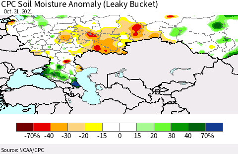 Russian Federation CPC Soil Moisture Anomaly (Leaky Bucket) Thematic Map For 10/26/2021 - 10/31/2021