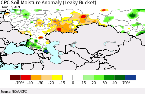 Russian Federation CPC Soil Moisture Anomaly (Leaky Bucket) Thematic Map For 11/11/2021 - 11/15/2021