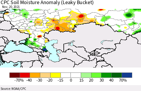 Russian Federation CPC Soil Moisture Anomaly (Leaky Bucket) Thematic Map For 11/16/2021 - 11/20/2021