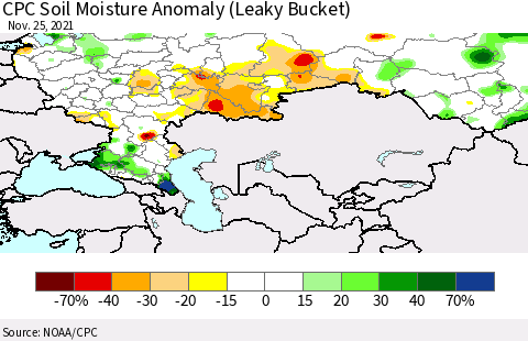 Russian Federation CPC Soil Moisture Anomaly (Leaky Bucket) Thematic Map For 11/21/2021 - 11/25/2021