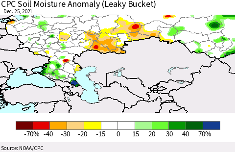 Russian Federation CPC Soil Moisture Anomaly (Leaky Bucket) Thematic Map For 12/21/2021 - 12/25/2021