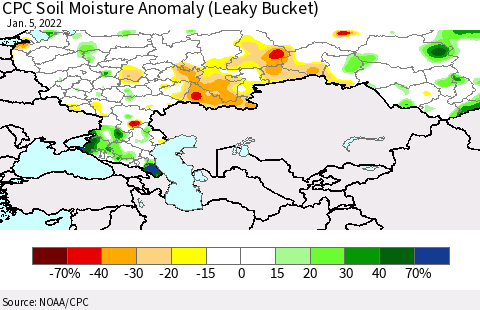 Russian Federation CPC Soil Moisture Anomaly (Leaky Bucket) Thematic Map For 1/1/2022 - 1/5/2022