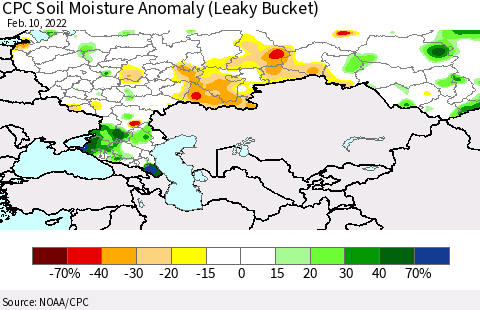 Russian Federation CPC Soil Moisture Anomaly (Leaky Bucket) Thematic Map For 2/6/2022 - 2/10/2022