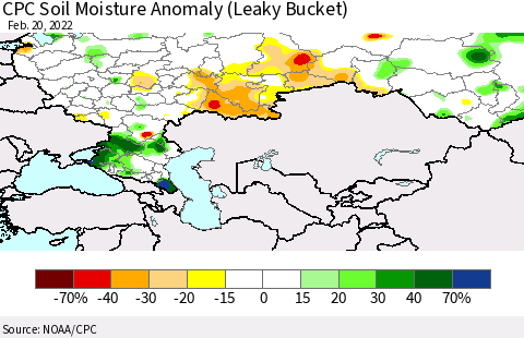 Russian Federation CPC Soil Moisture Anomaly (Leaky Bucket) Thematic Map For 2/16/2022 - 2/20/2022