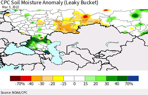 Russian Federation CPC Soil Moisture Anomaly (Leaky Bucket) Thematic Map For 3/1/2022 - 3/5/2022