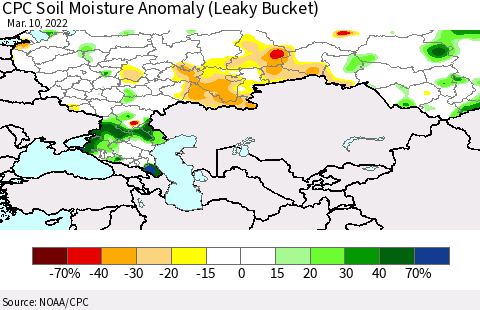 Russian Federation CPC Soil Moisture Anomaly (Leaky Bucket) Thematic Map For 3/6/2022 - 3/10/2022
