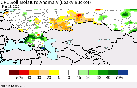 Russian Federation CPC Soil Moisture Anomaly (Leaky Bucket) Thematic Map For 3/11/2022 - 3/15/2022