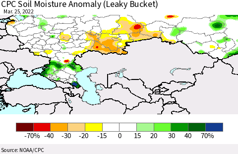 Russian Federation CPC Soil Moisture Anomaly (Leaky Bucket) Thematic Map For 3/21/2022 - 3/25/2022